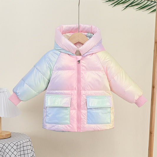 Girls' Down Jacket Thickened Autumn Rainbow Shiny Coat