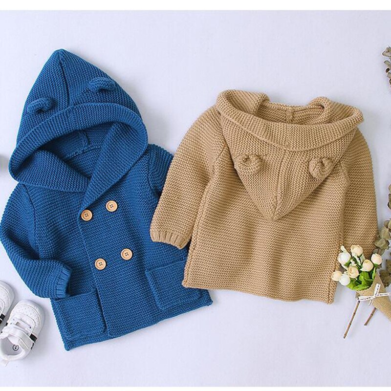 New Autumn  Baby Boys Girls Knitted Cardigan Jackets Winter Infant Baby Kids Sweaters Long Sleeve Hooded Coat Kids Clothing