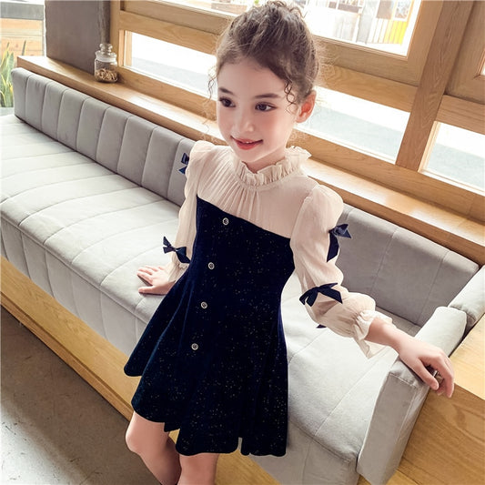 Navy Blue Party Dress For Girls Autumn Bowknot Long Sleeve Kids Clothing Classic Kids Dresses Girls 4 5 7 9 11 13 girls dress