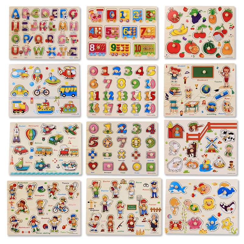 Baby Toys Montessori wooden Puzzle/Hand Grab Board Set Educational Wooden Toy Cartoon Vehicle/ Marine Animal Puzzle Child Gift