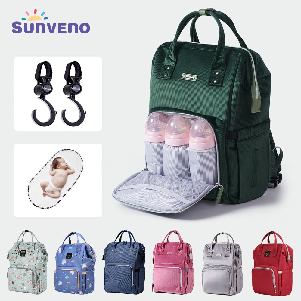 Sunveno Nappy Backpack Bag Mummy Large Capacity Diaper Bag with Changing Pad and Stroller Hanger