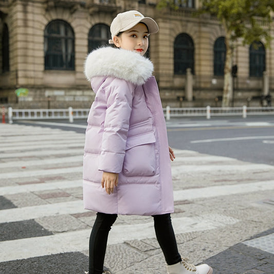 Girl's Winter Jacket Students Solid Hood Large Fur Duck Down Parkas Drawstring Slim Warm Coat Children Snow Wear Kids Clothing