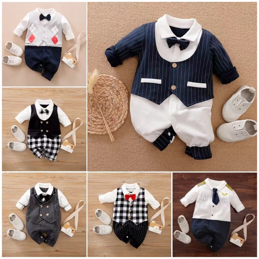 Cotton Newborn Baby Long Sleeve Romper Jumpsuits Outfits Boy Toddler  Handsome Gentleman Suit Clothes 0-12M