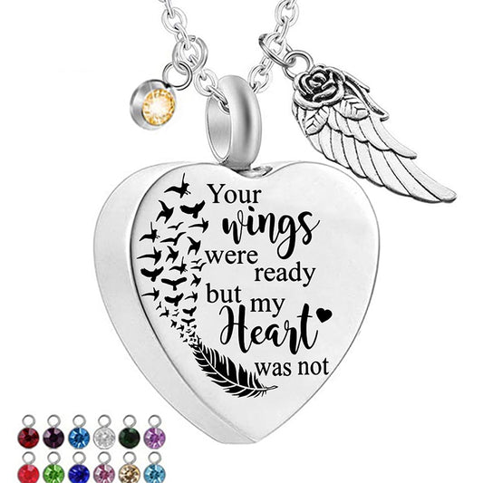 12 Birthstones Angel Wing Heart Stainless Steel Perfume Box Pendant Necklace